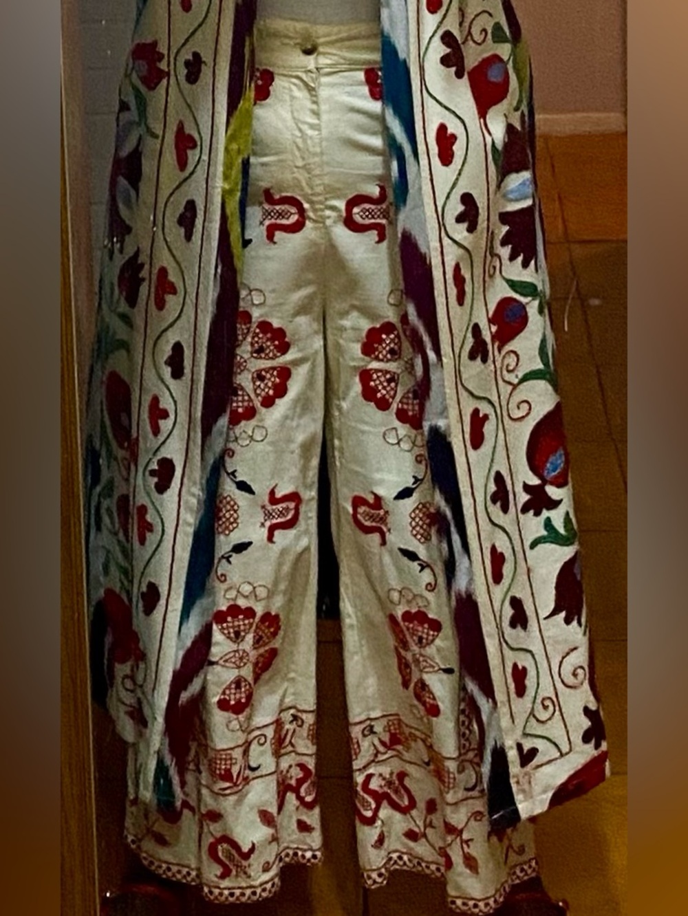 Embroidered Cream Pants with Red Floral Design - Picture 2 of 2